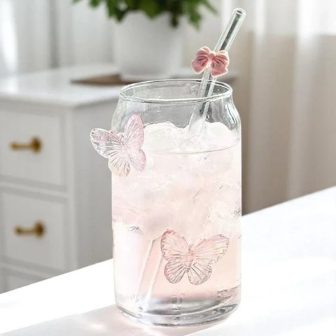 Szklanka wysoka ze słomką kubek motylki róż 500 ml