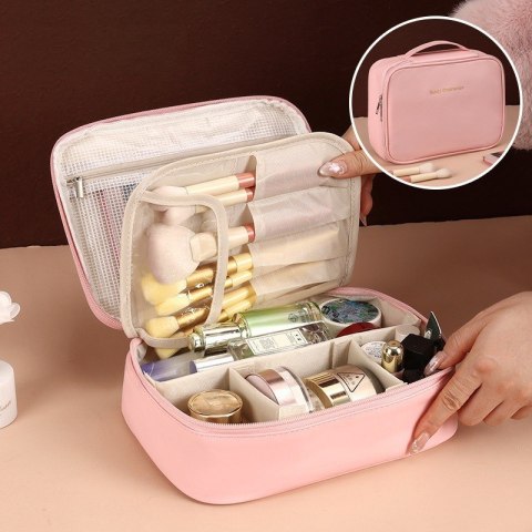 Kosmetyczka rozkładana elegancka kuferek etui z ekoskóry róż KS146R