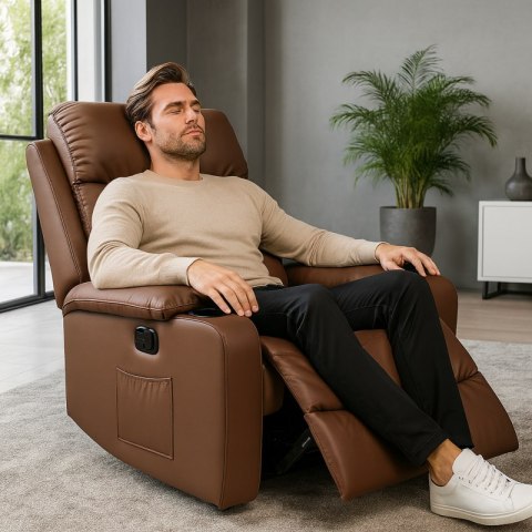 Fotel, sofa rozkładana jednoosobowa VERO z uchwytem na napój, ekoskóra brąz SOF01BR