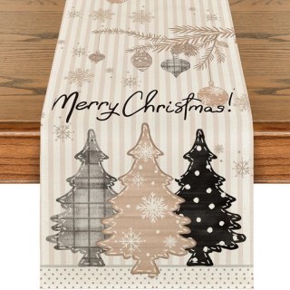 Lniany bieżnik na stół bożonarodzeniowy, MARRY CHRISTMAS, choinki 180 x 33cm BZK07