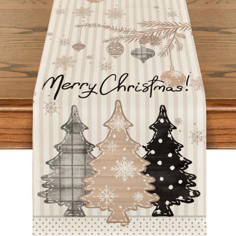 Lniany bieżnik na stół bożonarodzeniowy, MARRY CHRISTMAS, choinki 180 x 33cm BZK07