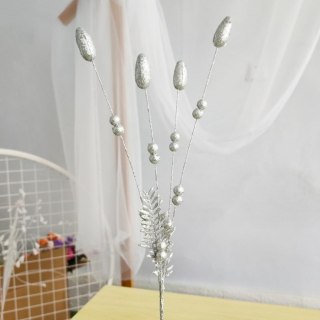 Gałązka 10szt z brokatem 4 ramienna 45cm SREBRNA DEZ-103D