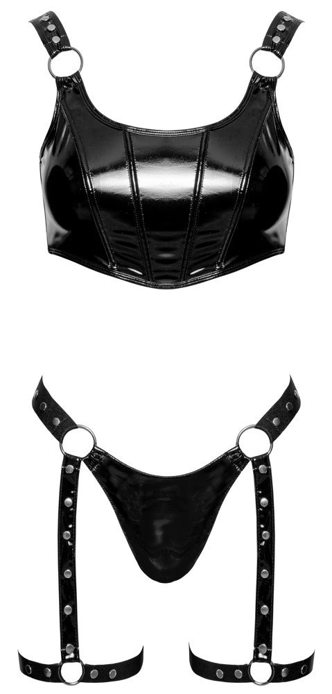 Black Level Komplet Winylowy Top, Stringi i Pas do Pończoch L