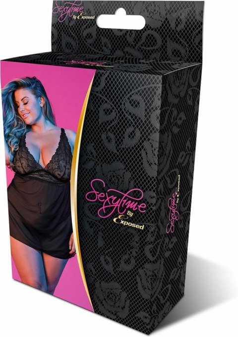 Magic Silk Exposed Babydoll Plus Size z odkrytymi plecami, czarna