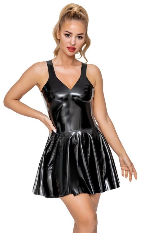 LateX Sukienka Czarna Lateksowa Na Ramiączkach Z Falbaną M