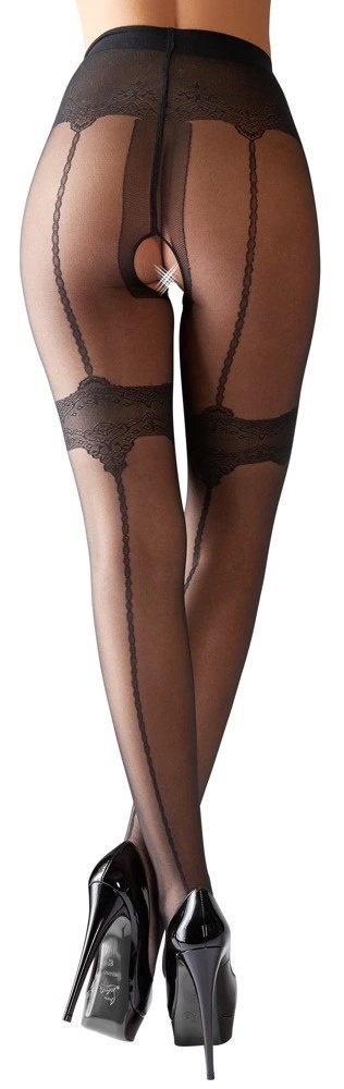 Cottelli LEGWEAR Rajstopy czarne z ozdobnymi szwami i otwartą strefą M