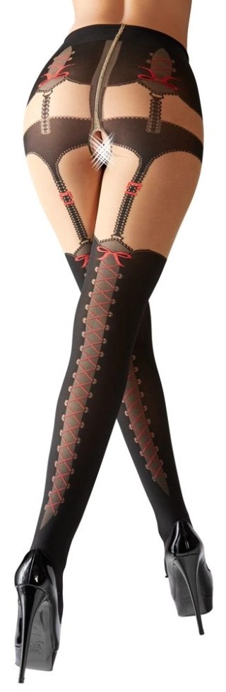 Cottelli Legwear Rajstopy Z Motywem Szelek i Kokard Czerwonych M/L