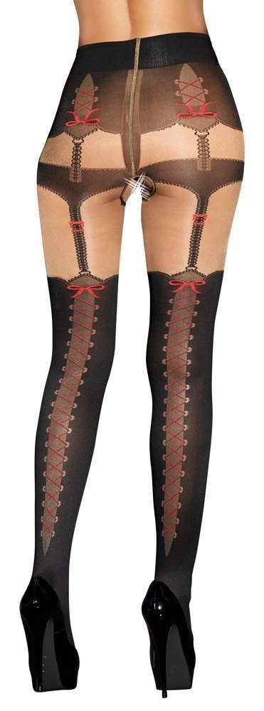 Cottelli Legwear Rajstopy Z Motywem Szelek i Kokard Czerwonych M/L