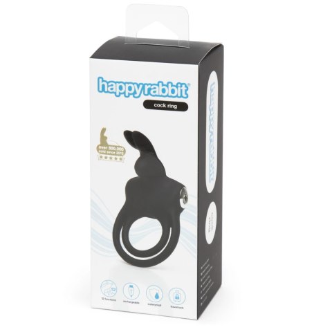 Happy Rabbit Black - silikonowy pierścień wibrujący z 2 pętlami, USB