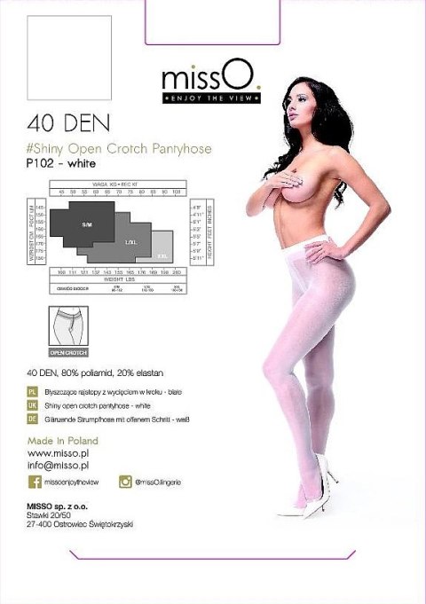 MissO P102 Rajstopy z wycięciem Białe L/XL - Lekki połysk, 40 DEN