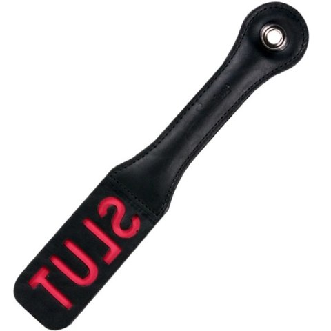 Sportsheets Leather Impression Paddle model z napisem, czarne
