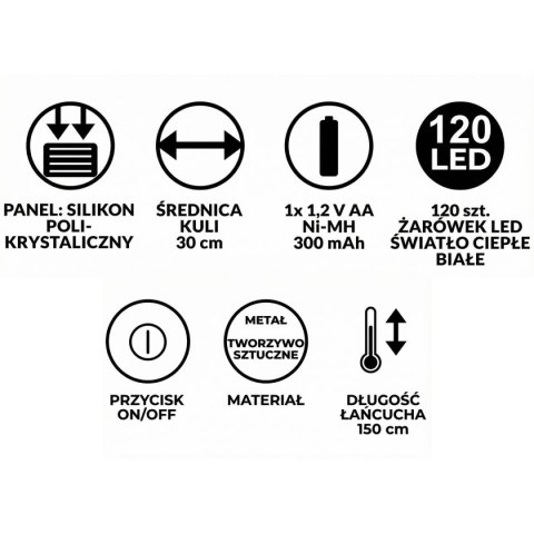LAMPA SOLARNA WISZĄCA KULA 30CM 120 LED CIEPŁY BIAŁY