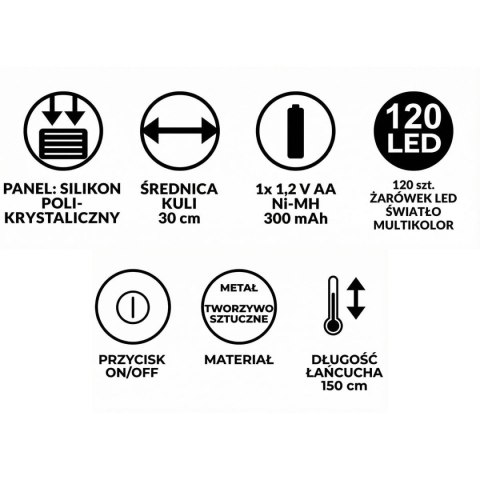 LAMPA SOLARNA WISZĄCA KULA 30CM 120 LED ZIMNY BIAŁY