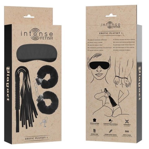 Intense Fetish Zestaw Akcesoriow - Kajdanki, Opaska, Flogger, Skora wegańska
