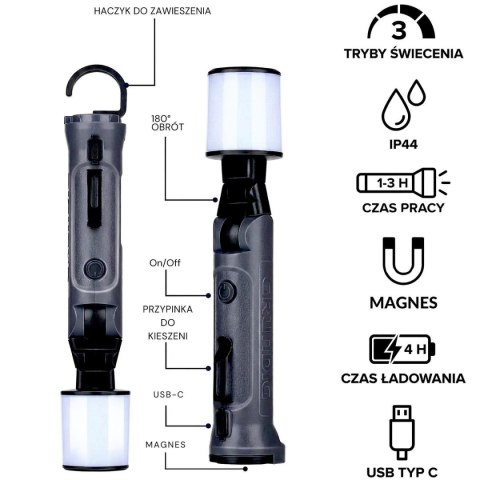 LATARKA TURYSTYCZNA RUCHOMA GŁOWICA I MAGNES LED USB 1200mAh GRUNDIG