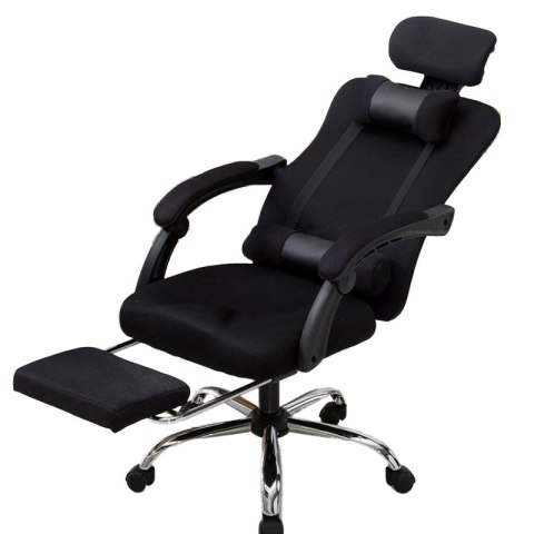 Ergonomiczny, obrotowy fotel z podnóżkiem i zagłówkiem, wentylacja - czarny