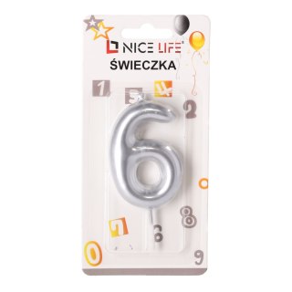 Świeczka na tort urodzinowa 6 - srebrna