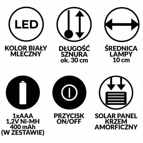 LAMPA SOLARNA PLASTIKOWA KULA WISZĄCA NA KLIPS 10X30CM KPL.2SZT