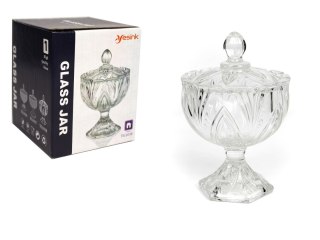 Pojemnik szklany cukiernica na nóżce z pokrywką tłoczony wzór LIŚĆ 13 x 9,5 cm GLM-50513A