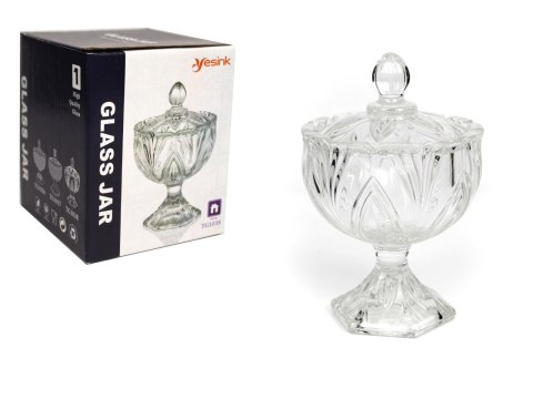 Pojemnik szklany cukiernica na nóżce z pokrywką tłoczony wzór LIŚĆ 13 x 9,5 cm GLM-50513A