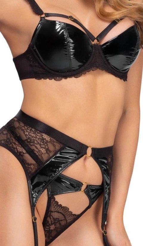 Cottelli Lingerie komplet 3-częściowy 85B/L czarny koronka i winyl