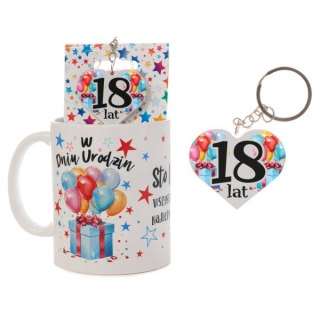 Kubek ceramiczny z napisem "W Dniu Urodzin" + breloczek dwustronny na blisterku 18 lat