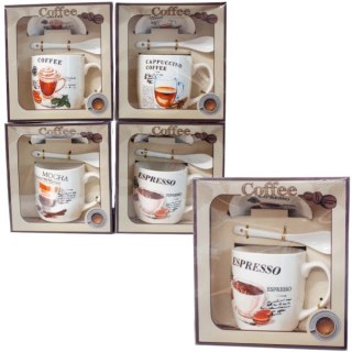Kubek ceramiczny z łyżeczką i spodkiem w ozdobnym opakowaniu CAFFEE.Mix wzorów. 300 ml