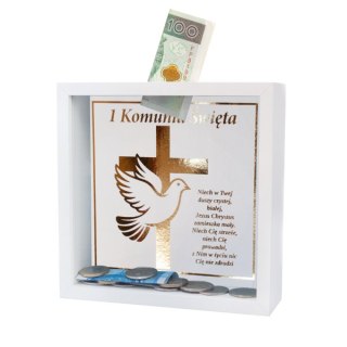 Pozłacana skarbonka mdf 15 x 4,5 x 15 cm"I Komunia Święta" złoto gołąb