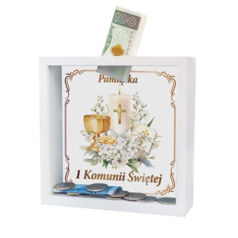 Skarbonka mdf "Pamiątka Pierwszej Komunii Świętej" świeczka kielich 15 x 4,5 x 15 cm