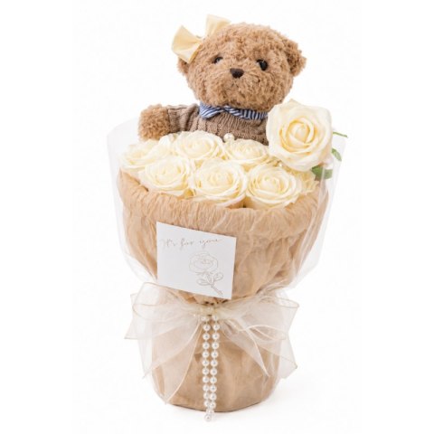 Flower box, bukiet zapachowych kwiatów mydlanych z MISIEM 8szt. BUK31B