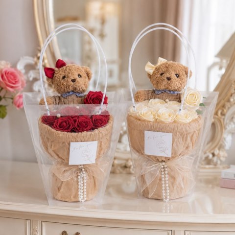 Flower box, bukiet zapachowych kwiatów mydlanych z MISIEM 8szt. BUK31B