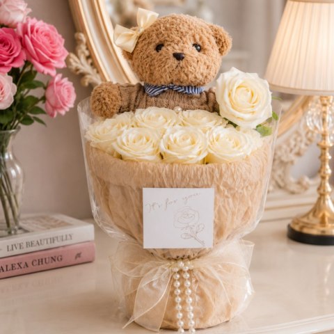 Flower box, bukiet zapachowych kwiatów mydlanych z MISIEM 8szt. BUK31B
