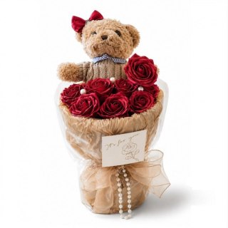 Flower box, bukiet zapachowych kwiatów mydlanych z MISIEM, LED 8szt. BUK31CZE