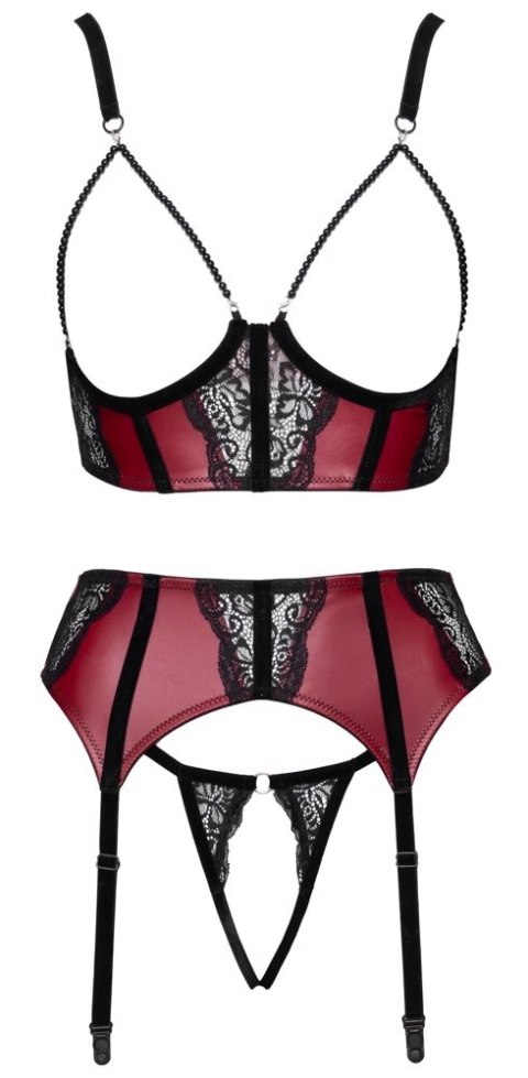 Cottelli LINGERIE Bra, Suspender Belt & String XL bordowy z koronką