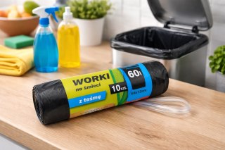 Worki na śmieci 60 l z taśmą czarny 10 sztuk rozmiar 69x72 materiał LDPE KO-2347