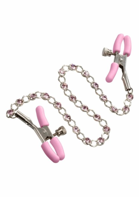 CalExotics Crystal Nipple Teasers regulowane klamry z łańcuszkiem i kryształami