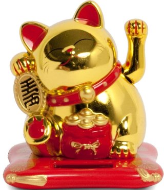 Figurka solarna kota Maneki Neko złoto-czerwona z ruchomą łapką