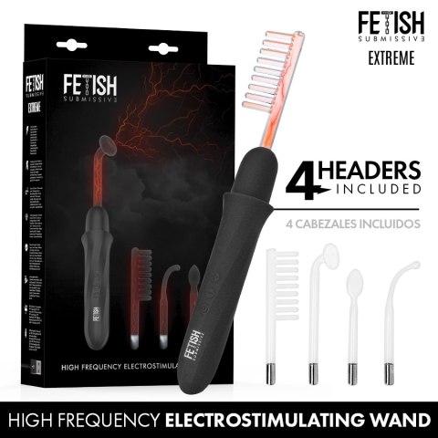 Fetish Submissive Wand elektrostymulujący, 6 poziomow, 4 końcowki, czarny