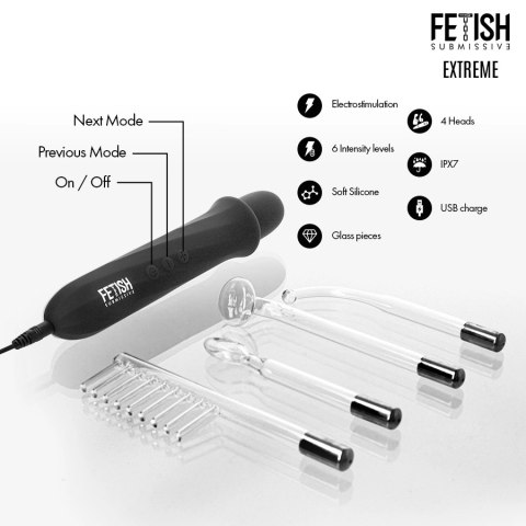 Fetish Submissive Wand elektrostymulujący, 6 poziomow, 4 końcowki, czarny