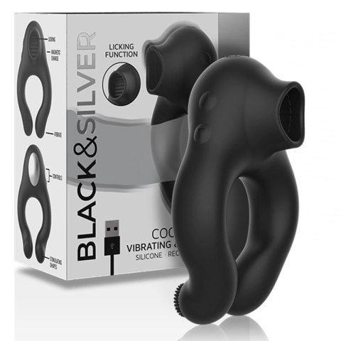 Black&Silver Licking - silikonowy pierścień wibracyjny, 3 silniki, czarny