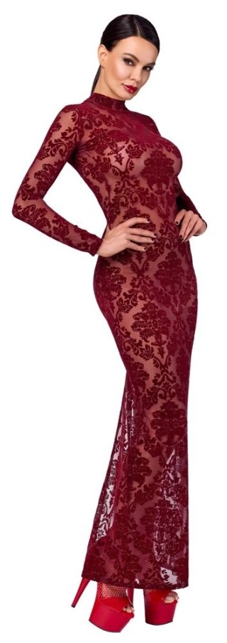 Noir Handmade Kink Royal długa sukienka bordowa z welurowym wzorem S