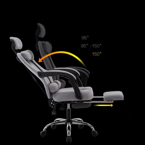 Ergonomiczny, obrotowy fotel z podnóżkiem i zagłówkiem, wentylacja - czarny