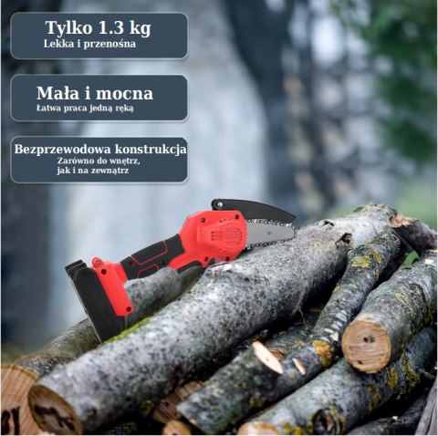 Akumulatorowa mini piła łańcuchowa HEDO - kompaktowa, czerwona, 2 akumulatory w zestawie