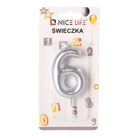 Świeczka na tort urodzinowa 6 - srebrna