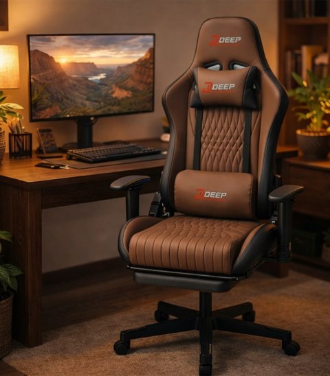 Ergonomiczny Obrotowy Fotel Gamingowy Brązowy Z Podnóżkiem Fotel Biurowy