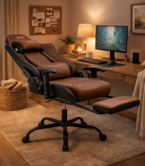 Ergonomiczny Obrotowy Fotel Gamingowy Brązowy Z Podnóżkiem Fotel Biurowy